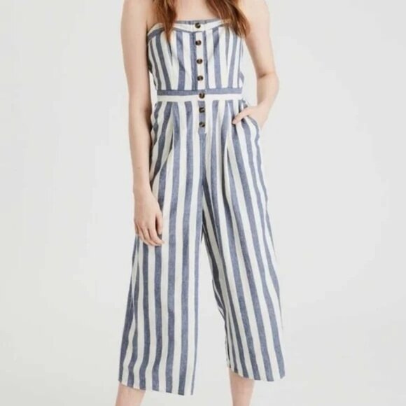 American Eagle Outfitters Pants - American Eagle Outfitters Jumpsuit Size Small Cropped Stripe Linen Blue White